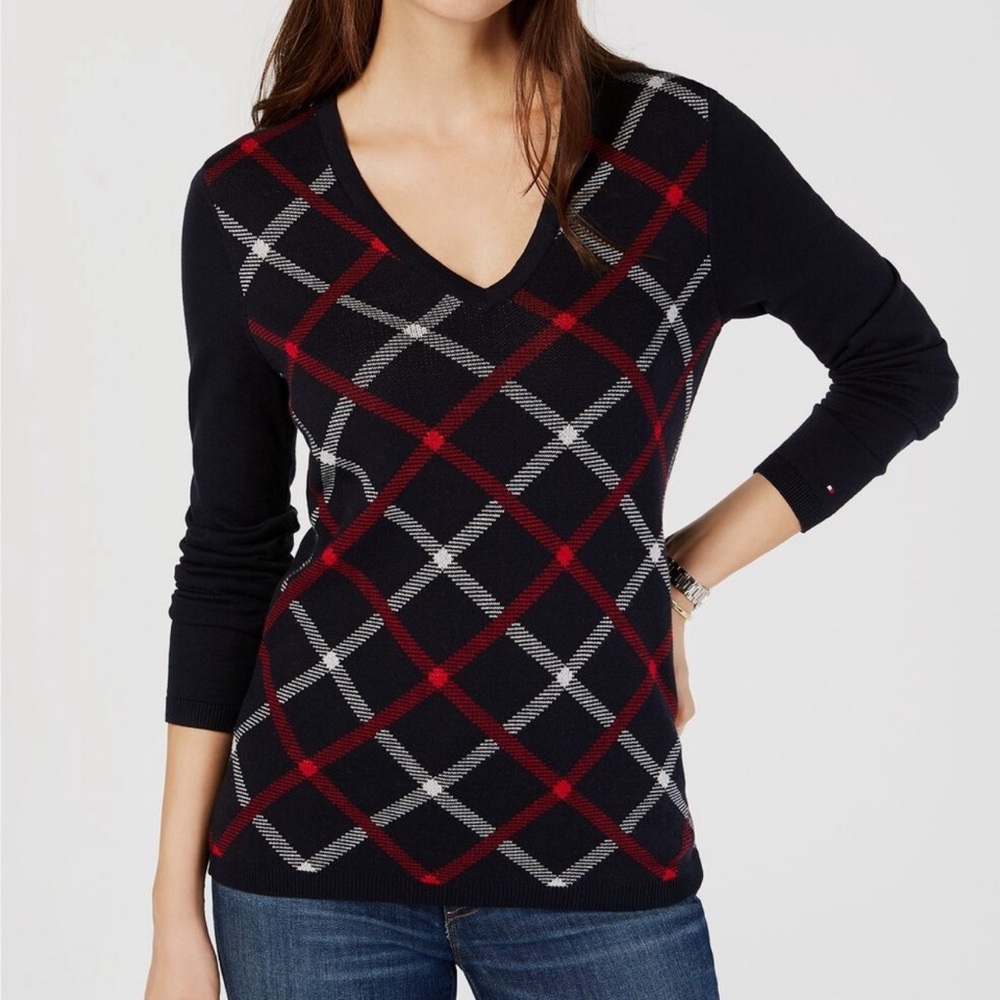 Tommy Hilfiger Cotton Diagonal Plaid Sweater Navy